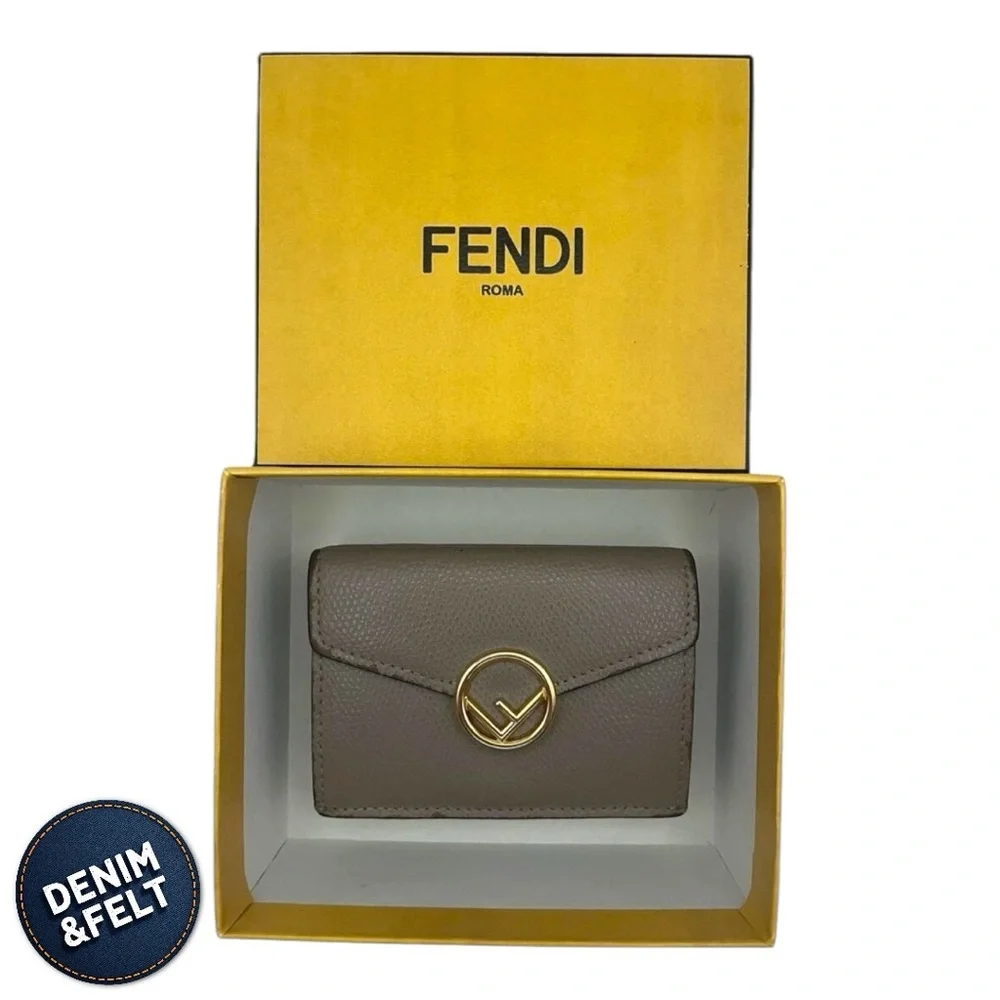 Fendi Textured Cruise Leather Micro Trifold Compact Wallet in Khaki | PRELOVED!!